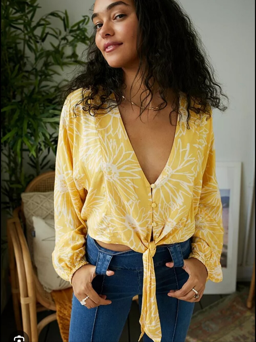 Urban Outfitters Yellow Sunflower Crop Tie-Front Blouse